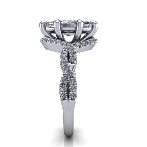 Madison marquise halo engagement ring in 14K White Gold with twisted pavé infinity band, side profile showing the twisted pavé infinity band