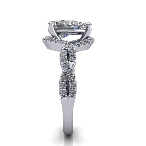 Madison pear halo engagement ring in Platinum with twisted pavé infinity band, side profile showing the twisted pavé infinity band
