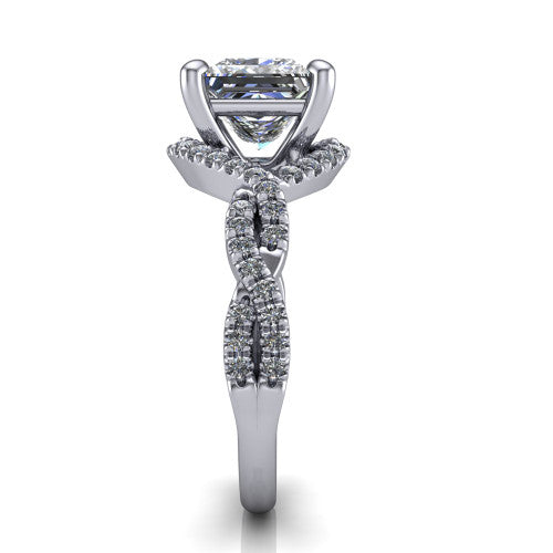 Madison princess halo engagement ring in 18K White Gold with twisted pavé infinity band, side profile showing the twisted pavé infinity band