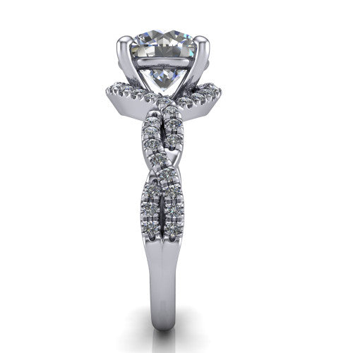 Madison round halo engagement ring in 18K White Gold with twisted pavé infinity band, side profile showing the twisted pavé infinity band