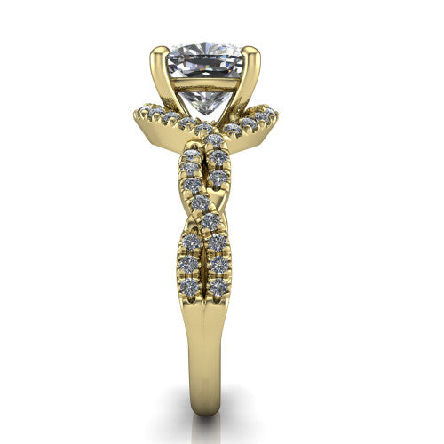 Madison cushion halo engagement ring in 18K Yellow Gold with twisted pavé infinity band, side profile showing the twisted pavé infinity band