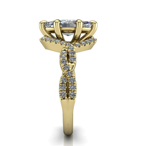 Madison marquise halo engagement ring in 14K Yellow Gold with twisted pavé infinity band, side profile showing the twisted pavé infinity band