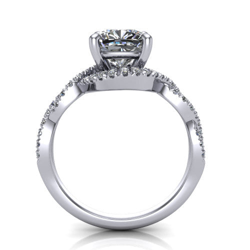 Madison cushion halo engagement ring in 18K White Gold with twisted pavé infinity band, through-finger front profile showing the under-halo collar