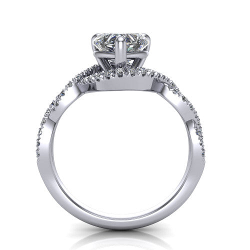 Madison heart halo engagement ring in 14K White Gold with twisted pavé infinity band, through-finger front profile showing the under-halo collar