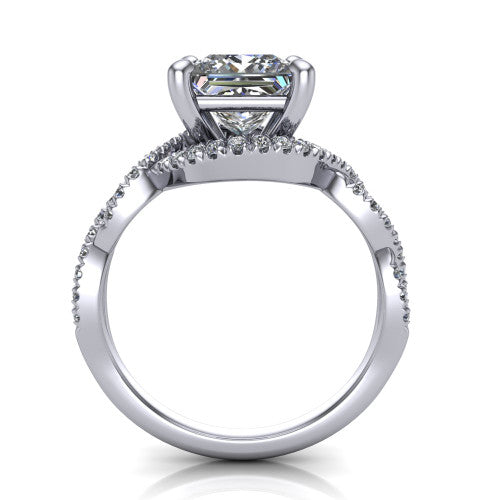 Madison princess halo engagement ring in 14K White Gold with twisted pavé infinity band, through-finger front profile showing the under-halo collar