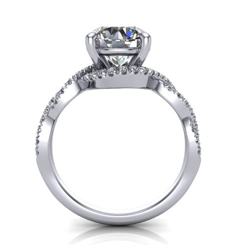 Madison round halo engagement ring in 14K White Gold with twisted pavé infinity band, through-finger front profile showing the under-halo collar