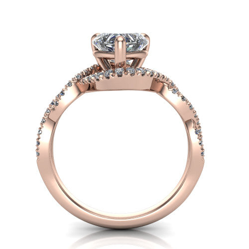 Madison heart halo engagement ring in 14K Rose Gold with twisted pavé infinity band, through-finger front profile showing the under-halo collar