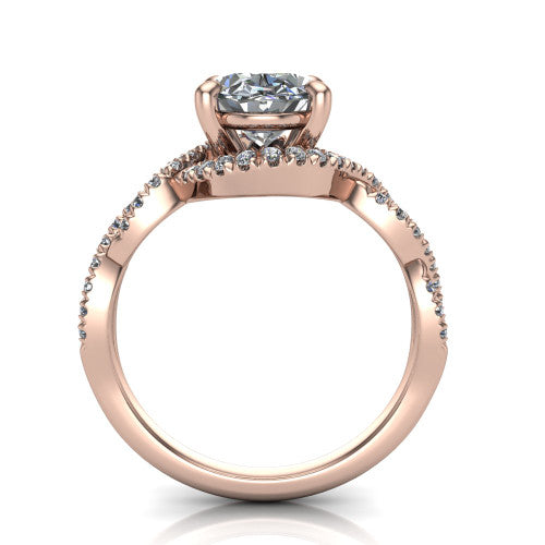 Madison oval halo engagement ring in 14K Rose Gold with twisted pavé infinity band, through-finger front profile showing the under-halo collar
