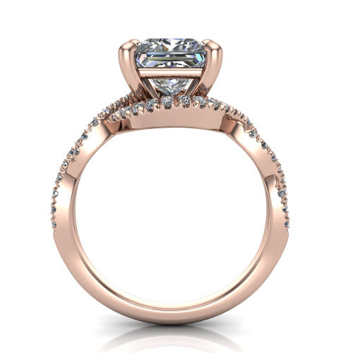 Madison princess halo engagement ring in 14K Rose Gold with twisted pavé infinity band, through-finger front profile showing the under-halo collar
