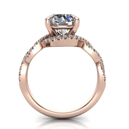 Madison round halo engagement ring in 14K Rose Gold with twisted pavé infinity band, through-finger front profile showing the under-halo collar