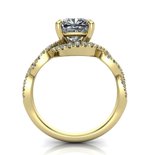 Madison cushion halo engagement ring in 18K Yellow Gold with twisted pavé infinity band, through-finger front profile showing the under-halo collar