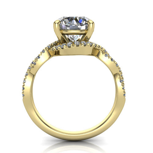 Madison round halo engagement ring in 14K Yellow Gold with twisted pavé infinity band, through-finger front profile showing the under-halo collar