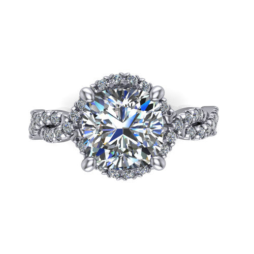 Madison cushion halo engagement ring in 18K White Gold with twisted pavé infinity band, top-down view of the halo and twisted band