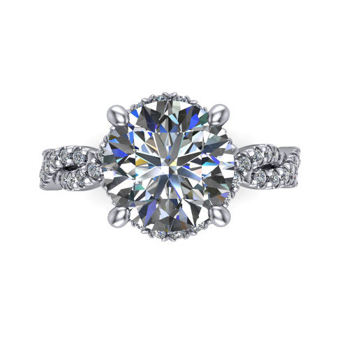 Madison round halo engagement ring in 14K White Gold with twisted pavé infinity band, top-down view of the halo and twisted band