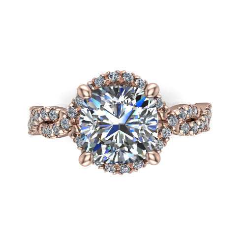 Madison cushion halo engagement ring in 14K Rose Gold with twisted pavé infinity band, top-down view of the halo and twisted band