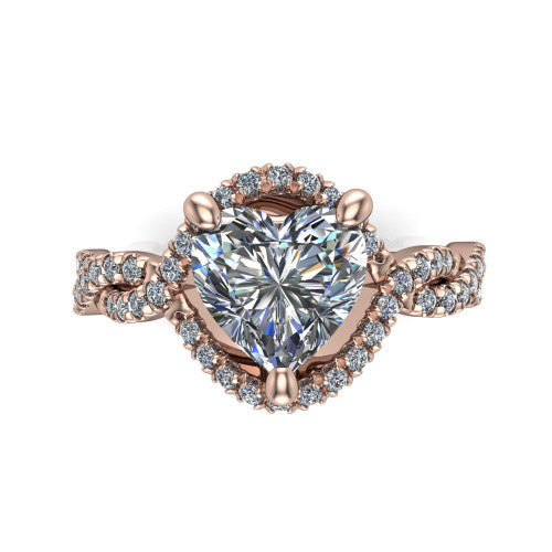 Madison heart halo engagement ring in 14K Rose Gold with twisted pavé infinity band, top-down view of the halo and twisted band
