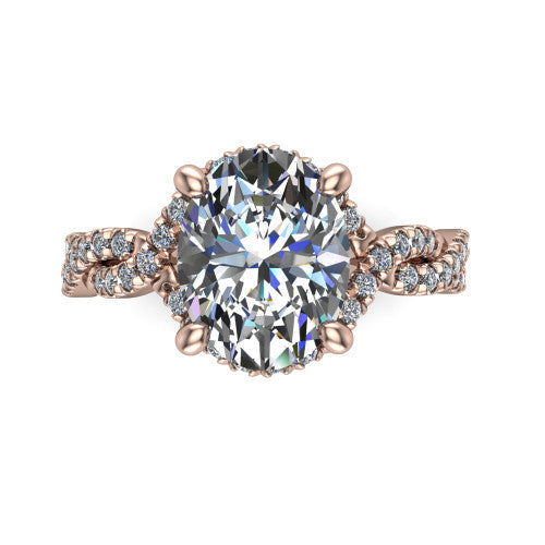Madison oval halo engagement ring in 14K Rose Gold with twisted pavé infinity band, top-down view of the halo and twisted band