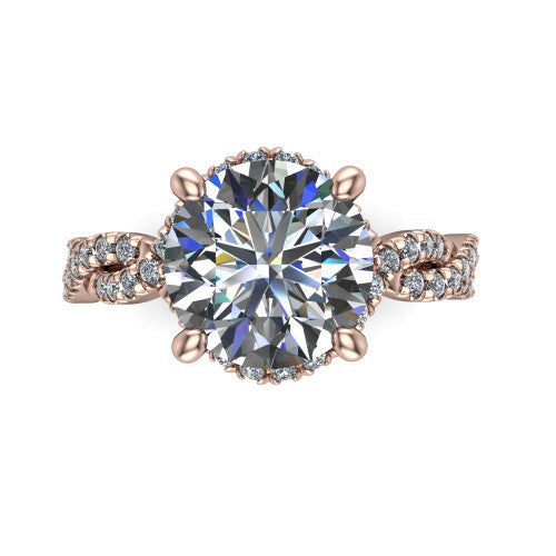 Madison round halo engagement ring in 14K Rose Gold with twisted pavé infinity band, top-down view of the halo and twisted band