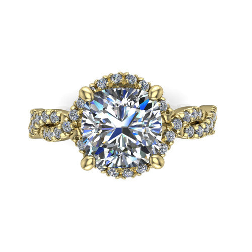 Madison cushion halo engagement ring in 14K Yellow Gold with twisted pavé infinity band, top-down view of the halo and twisted band