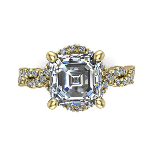 Madison asscher halo engagement ring in 18K Yellow Gold with twisted pavé infinity band, top-down view of the halo and twisted band