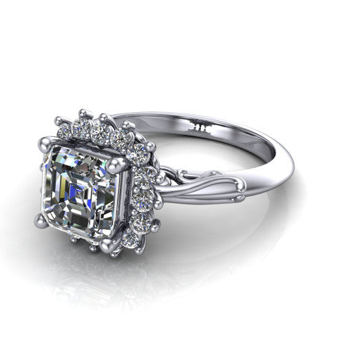 Serenity square emerald halo engagement ring in 14K White Gold, three-quarter perspective showing the square emerald center diamond in a floral cluster halo with filigree shoulders