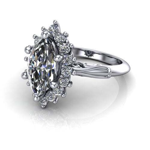 Serenity marquise halo engagement ring in 18K White Gold, three-quarter perspective showing the marquise center diamond in a floral cluster halo with filigree shoulders