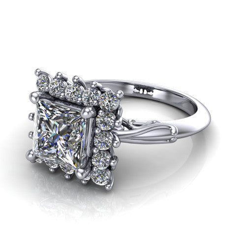 Serenity princess halo engagement ring in 18K White Gold, three-quarter perspective showing the princess center diamond in a floral cluster halo with filigree shoulders