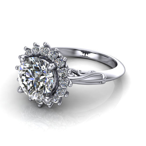 Serenity round halo engagement ring in 18K White Gold, three-quarter perspective showing the round center diamond in a floral cluster halo with filigree shoulders