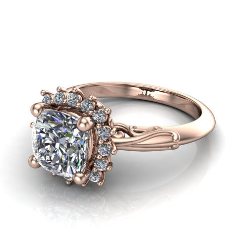 Serenity cushion halo engagement ring in 18K Rose Gold, three-quarter perspective showing the cushion center diamond in a floral cluster halo with filigree shoulders