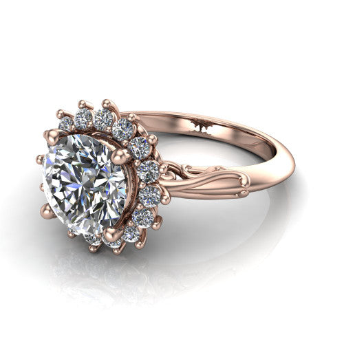 Serenity round halo engagement ring in 18K Rose Gold, three-quarter perspective showing the round center diamond in a floral cluster halo with filigree shoulders