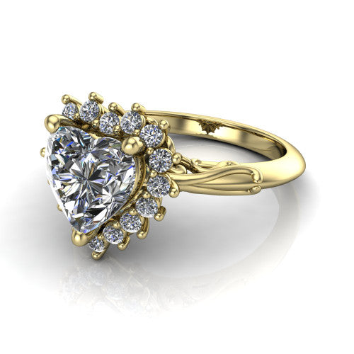 Serenity heart halo engagement ring in 14K Yellow Gold, three-quarter perspective showing the heart center diamond in a floral cluster halo with filigree shoulders