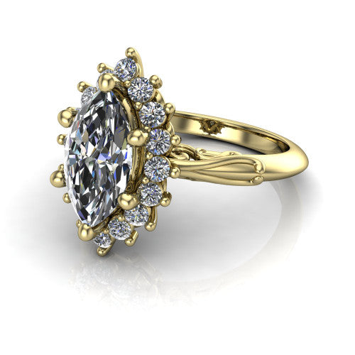Serenity marquise halo engagement ring in 18K Yellow Gold, three-quarter perspective showing the marquise center diamond in a floral cluster halo with filigree shoulders