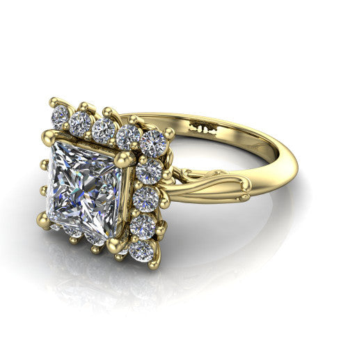 Serenity princess halo engagement ring in 14K Yellow Gold, three-quarter perspective showing the princess center diamond in a floral cluster halo with filigree shoulders