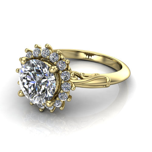Serenity round halo engagement ring in 18K Yellow Gold, three-quarter perspective showing the round center diamond in a floral cluster halo with filigree shoulders