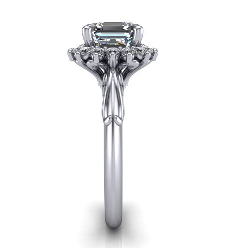 Serenity square emerald halo engagement ring in 14K White Gold, side profile showing the filigree band and cluster halo