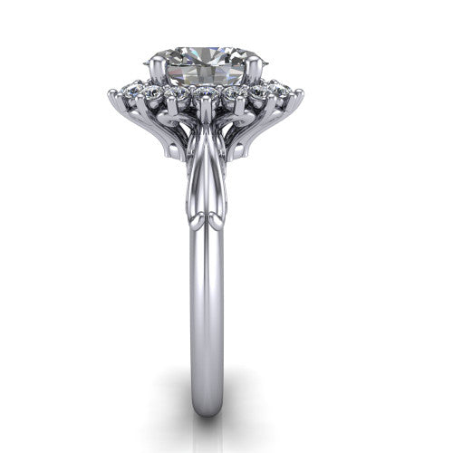 Serenity oval halo engagement ring in 18K White Gold, side profile showing the filigree band and cluster halo