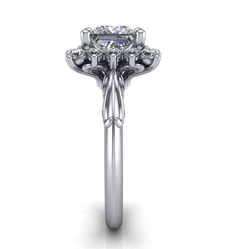 Serenity princess halo engagement ring in Platinum, side profile showing the filigree band and cluster halo
