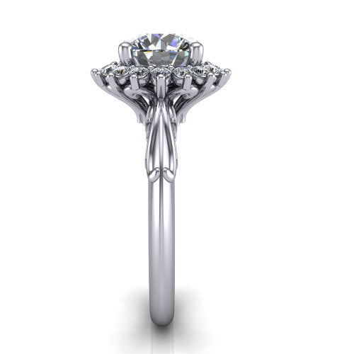 Serenity round halo engagement ring in Platinum, side profile showing the filigree band and cluster halo