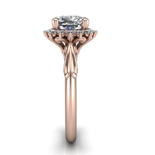 Serenity cushion halo engagement ring in 14K Rose Gold, side profile showing the filigree band and cluster halo