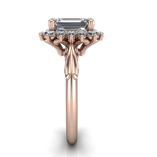 Serenity emerald halo engagement ring in 18K Rose Gold, side profile showing the filigree band and cluster halo