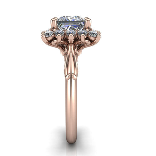 Serenity princess halo engagement ring in 18K Rose Gold, side profile showing the filigree band and cluster halo