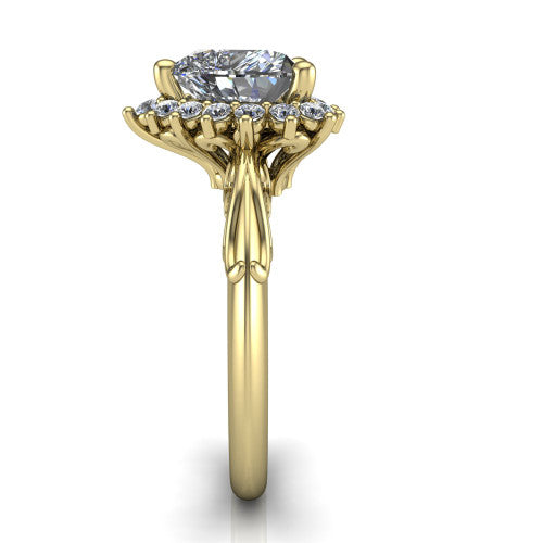 Serenity heart halo engagement ring in 14K Yellow Gold, side profile showing the filigree band and cluster halo