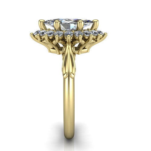 Serenity marquise halo engagement ring in 14K Yellow Gold, side profile showing the filigree band and cluster halo