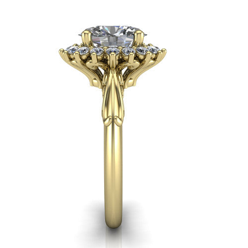 Serenity oval halo engagement ring in 14K Yellow Gold, side profile showing the filigree band and cluster halo