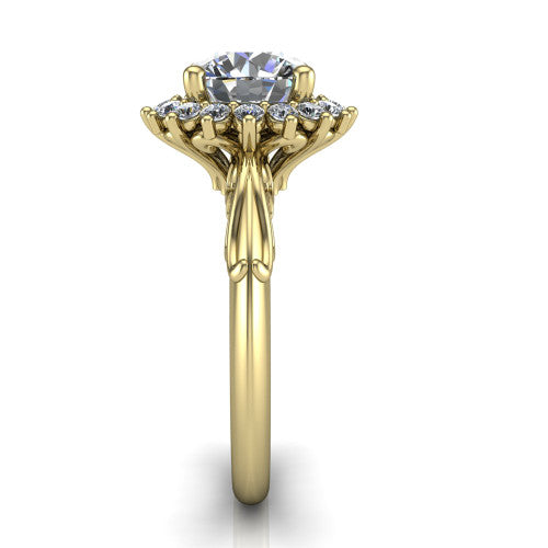 Serenity round halo engagement ring in 18K Yellow Gold, side profile showing the filigree band and cluster halo