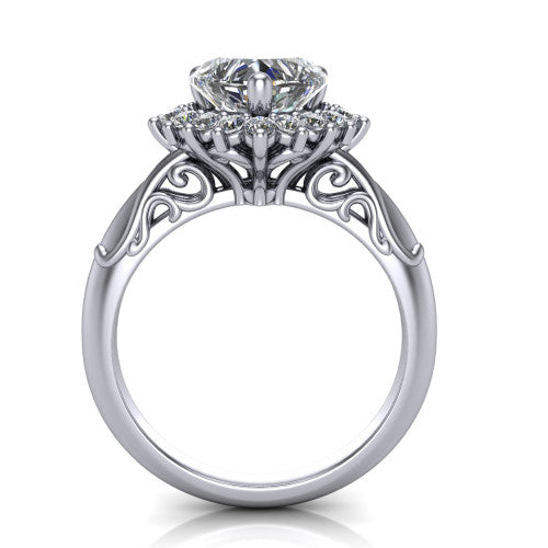 Serenity heart halo engagement ring in 18K White Gold, through-finger front profile showing the filigree scrollwork gallery