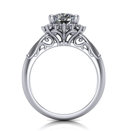 Serenity cushion halo engagement ring in 18K White Gold, through-finger front profile showing the filigree scrollwork gallery