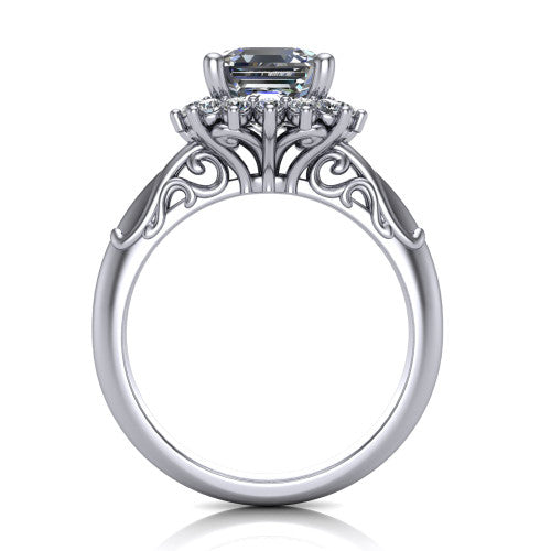 Serenity square emerald halo engagement ring in Platinum, through-finger front profile showing the filigree scrollwork gallery