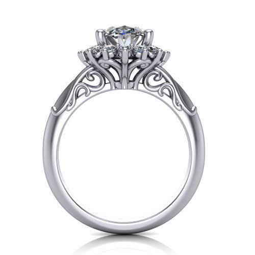 Serenity oval halo engagement ring in 18K White Gold, through-finger front profile showing the filigree scrollwork gallery