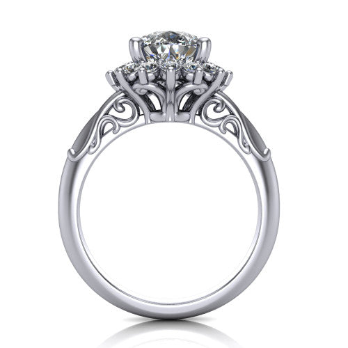 Serenity pear halo engagement ring in 14K White Gold, through-finger front profile showing the filigree scrollwork gallery